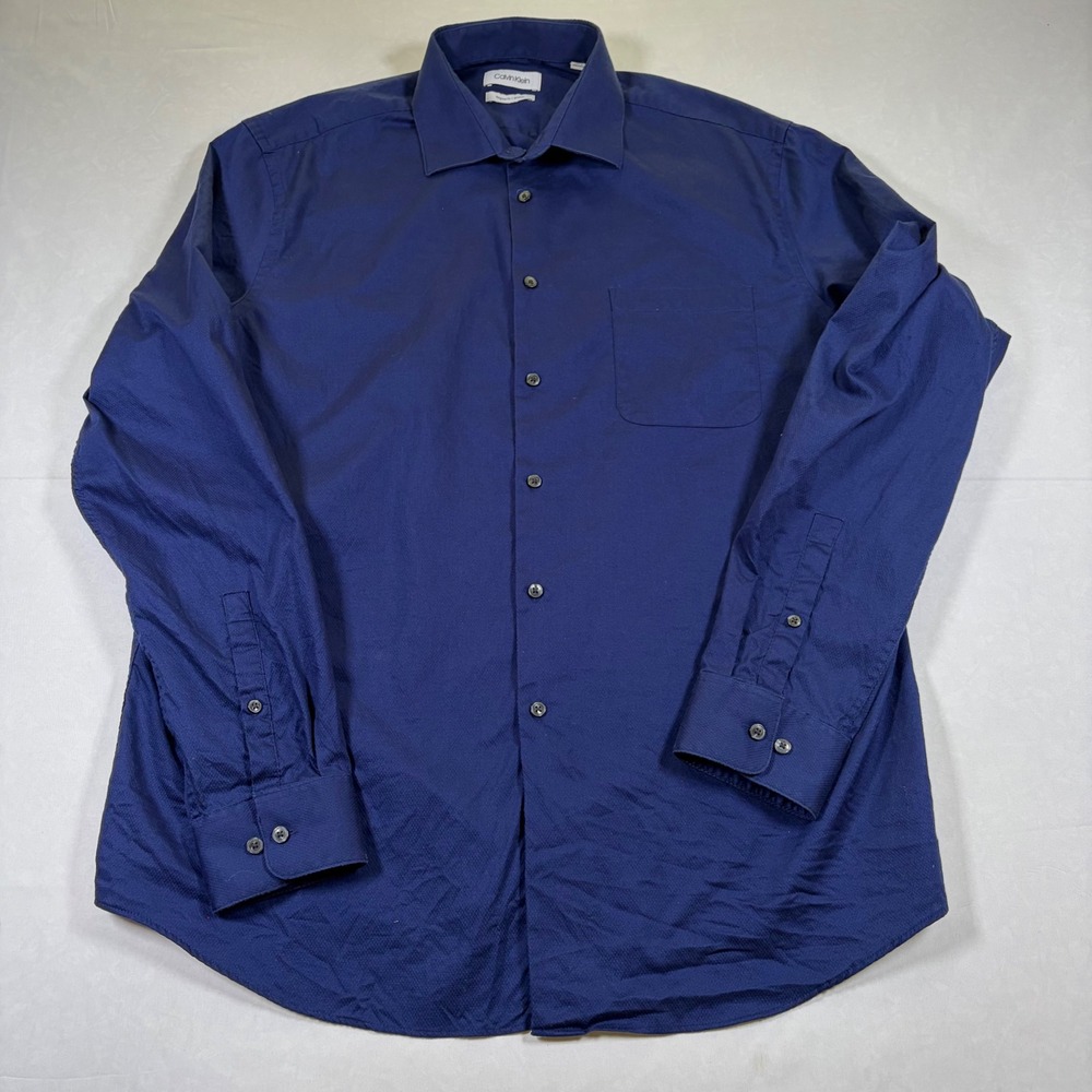 Calvin Klein Mens Regular Fit Stretch Dress Shirt Navy Blue XL 17 36/37 Long Slv